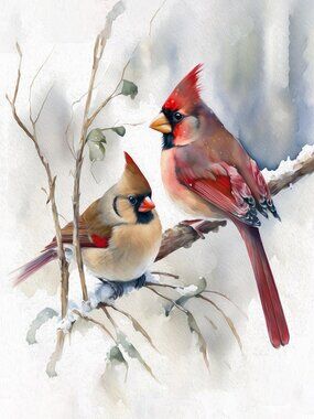 8x10 Northern Red Cardinal & Female Cardinal Watercolor Oil Painting Art Print